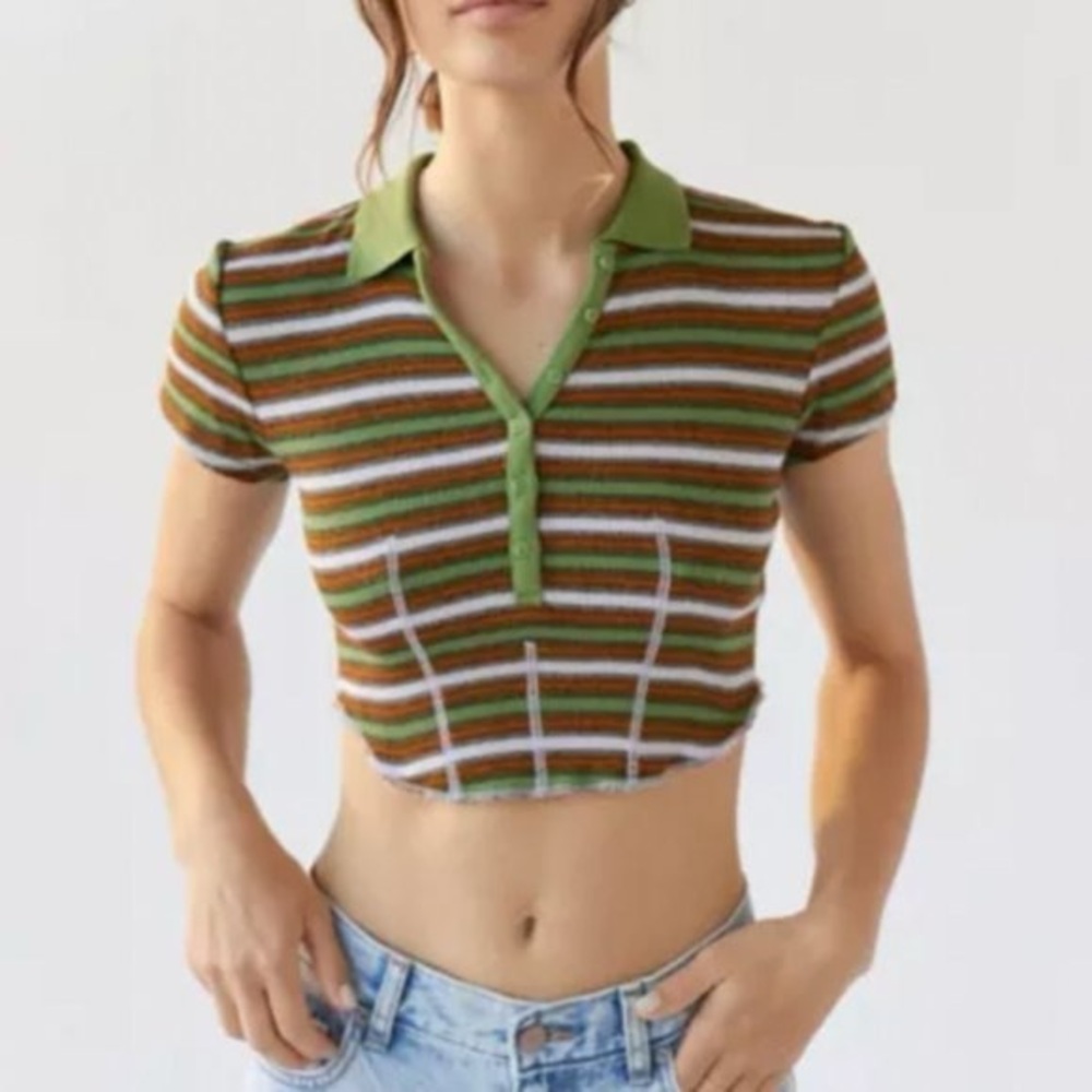 Urban Outfitters BDG Wells Polo Crop Top Green Orange White Stripe Medium